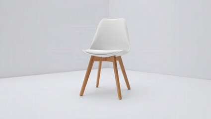 Poster - A modern white chair with wooden legs on a gray floor.