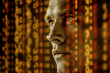 Poster - Close-up of man's face, partially obscured by blurred data stream, suggesting digital world immersion or data analysis, symbolizing technology, information, and analysis