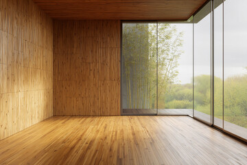 Poster - Empty room with wooden walls, floor, and large glass wall showcasing bamboo and nature view. Represents tranquility, minimalism, and modern design, ideal for showcasing products or creating serene