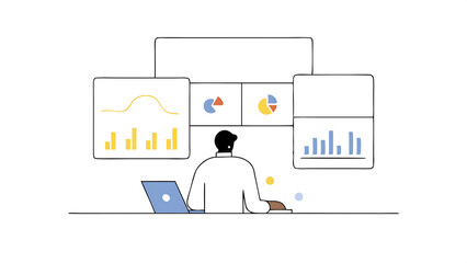 Poster - male financial data analyst using laptop and studying information and graphs on big digital screen in monitoring office black man working for big consulting firm diverse employees behind co 49322686 1