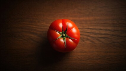 Poster - A ripe red tomato on a wooden surface.