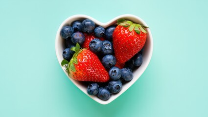 Poster - A heart-shaped bowl filled with blueberries and strawberries.