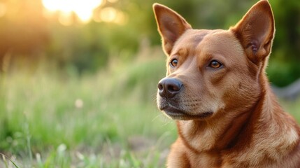 Poster - Portrait of a reddish-brown dog sitting in a grassy field at sunset, gazing thoughtfully into the distance, bathed in warm golden light. : Generative AI