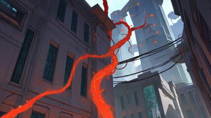 Poster - a stylized cityscape scene with unusual crimson vines.