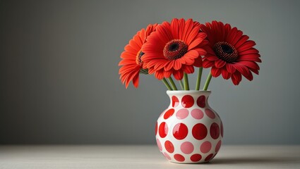 Poster - Red flowers in polka dot vase on table.