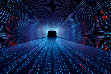 Poster - A tunnel illuminated with vibrant blue and white LED lights, creating a futuristic and immersive visual effect.