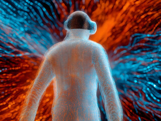 Leinwandbilder - A digital human figure stands amid vibrant blue and orange energy streams, evoking a fusion of technology and human presence.