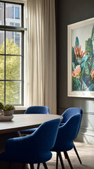 Poster - Dining room scene showcasing blue chairs around a wooden table, near a window with beige curtains and a framed floral artwork, conveying calmness and sophistication