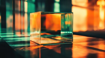 Empty glass cube display in vibrant light