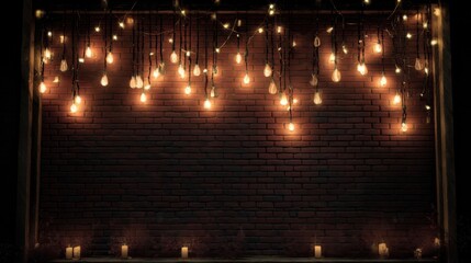 Aufkleber - Warm, inviting ambiance with glowing Edison bulbs strung against a rustic brick wall, creating a cozy and romantic atmosphere perfect for a background or design element. : Generative AI