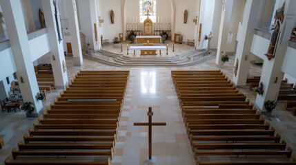Poster - High-angle view of a modern church interior, showcasing rows of empty wooden pews leading towards an altar with stained-glass window. : Generative AI