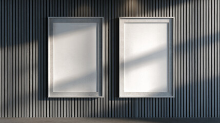Poster - Two blank frames on dark wood wall mockup, showcasing free space for text or advertisement, ideal for interior design or gallery concepts
