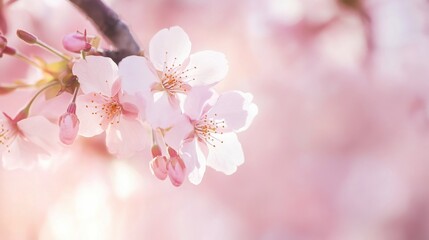 Poster - Delicate pink cherry blossoms on a branch, bathed in soft sunlight, creating a serene and peaceful springtime scene. : Generative AI