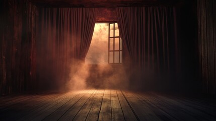 Poster - Mysterious, dimly lit room with dark red curtains framing an open window revealing a hazy, orange sky; wooden floor and walls add to the eerie atmosphere. : Generative AI