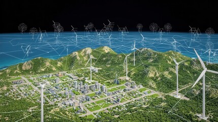 Poster - Sustainable energy city panorama with wind turbines.