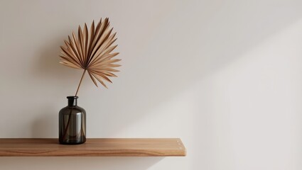 Poster - A bottle with a plant stem in it on a wooden shelf against a white wall.