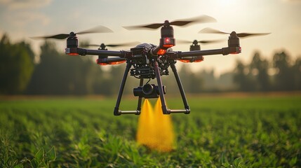 Poster - Close-up of pesticide mist releasing from a drone nozzles over an open green farmland landscape