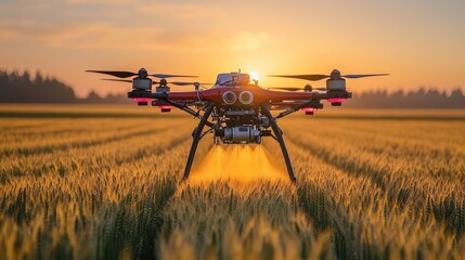 Poster - Close-up of a pesticide drone mid-flight, nozzles spraying liquid over an expansive wheat field at sunrise