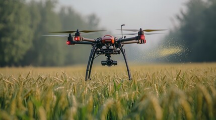 Poster - Drone releasing pesticide droplets over a barley field, captured with sharp focus on the mist and motion blur on blades