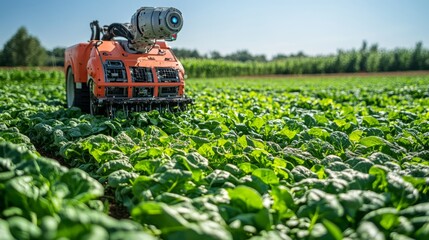 Poster - Futuristic farming robot harvesting ripe spinach leaves in a vibrant green field under a clear blue sky.