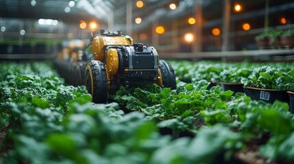 Poster - Innovative robot applying organic fertilizer evenly across rows of leafy greens in an eco-friendly farm setting