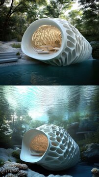 A futuristic, organic structure nestled in a tranquil water setting.