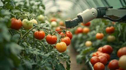 Poster - Robotic arm delicately harvesting tomatoes in a greenhouse, showcasing the integration of automation in modern agriculture