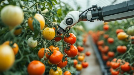 Poster - Robotic arm delicately harvesting tomatoes in a greenhouse, showcasing the integration of automation in modern agriculture