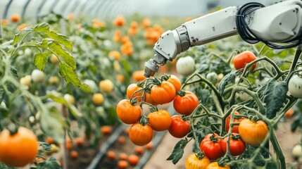 Poster - Robotic arm delicately harvesting tomatoes in a greenhouse, showcasing the integration of automation in modern agriculture