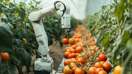 Poster - Robotic arm delicately harvesting tomatoes in a greenhouse, showcasing the integration of automation in modern agriculture
