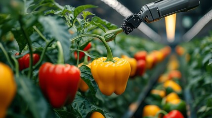 Poster - Robotic arm extending to pick ripe bell peppers, demonstrating precision and efficiency in modern farming.