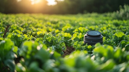 Poster - Solar-powered agricultural robot monitoring moisture levels in a lush green vegetable field at midday