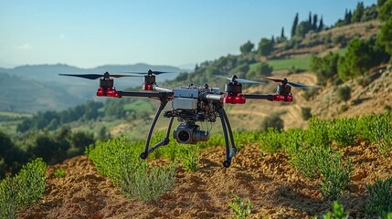 Poster - Technologically advanced pesticide drone operating over a hilly farmland terrain with scattered trees