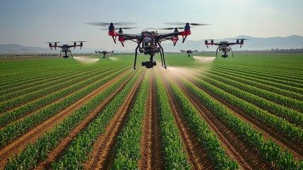 Poster - Wide-angle view of multiple drones spraying pesticides over a vast, flat farmland with symmetrical crop rows