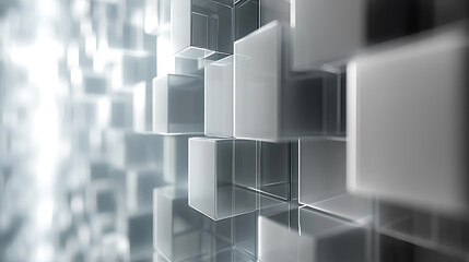 Poster - Abstract grey tones stacked cubes background with reflective surfaces and subtle lighting creates depth and dimension
