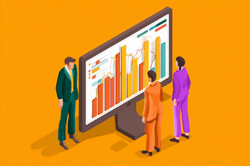 Poster - Three businesspeople review data charts displayed on a large computer monitor, showcasing business analysis and strategic planning concepts