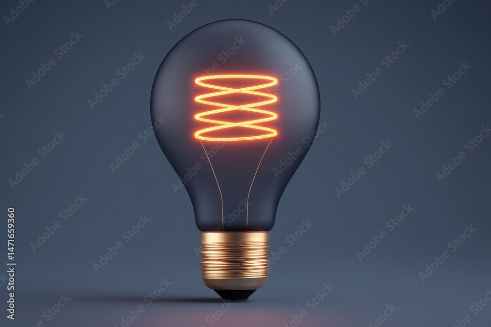 A glowing light bulb features a spiral filament that emits warm orange light.