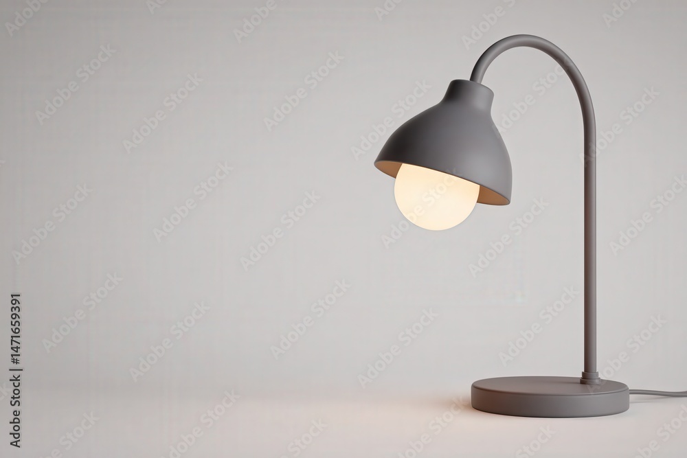 A sleek, modern desk lamp stands on a flat surface. The lamp has a simple gray structure with a rounded shade, and a glowing bulb provides a warm light, enhancing the minimalist aesthetic of the room.