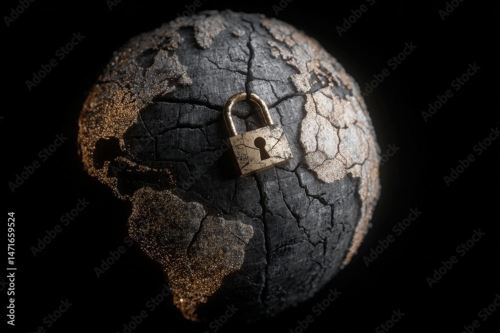 A cracked globe represents the fragile state of the Earth, while a golden padlock symbolizes security and protection. The dark background emphasizes the theme of vulnerability and caution.