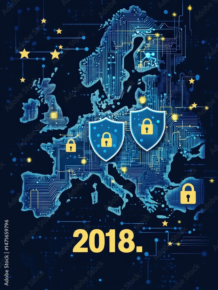 A digital representation of Europe in 2018 focuses on cybersecurity, showcasing shields with locks symbolizing protection. Lines and patterns depict interconnected networks across the continent.