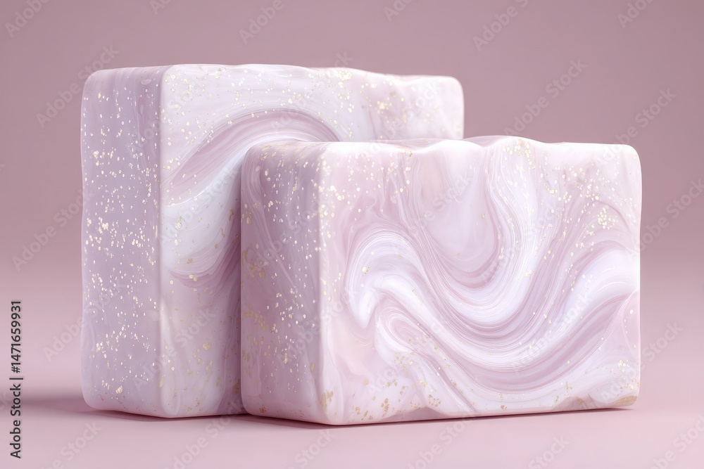Two elegant artisan soap bars with a marbled design in soft pink and white hues. Their shimmering surfaces create a calming aesthetic ideal for home spa experiences or gifts.