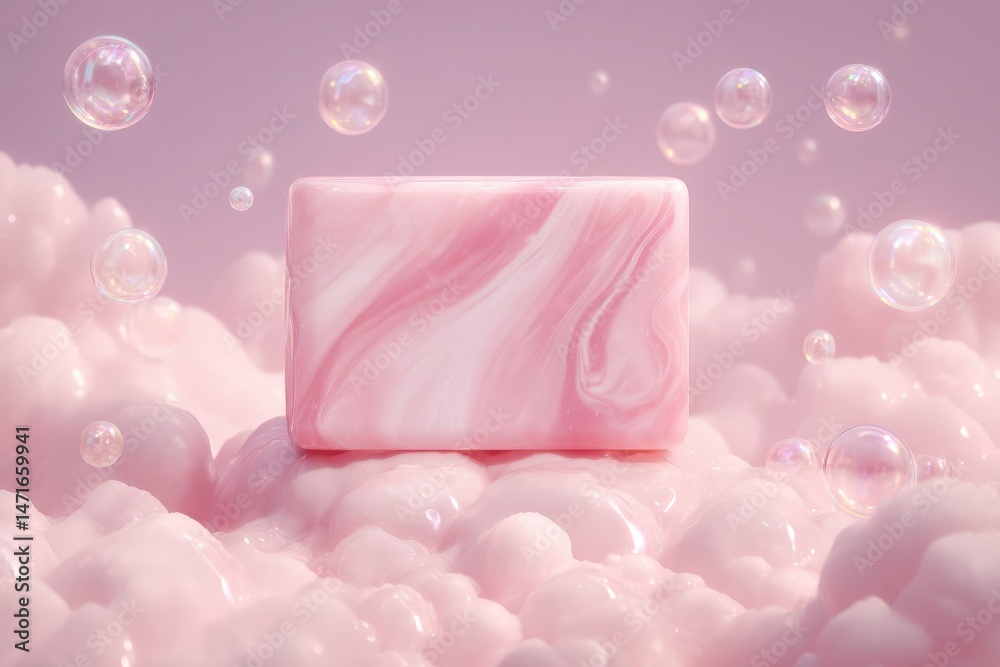 A rectangular pink marble soap is placed on a cloud-like, fluffy surface with pastel pink tones. Bubbles surround the soap, creating a whimsical and calming atmosphere.