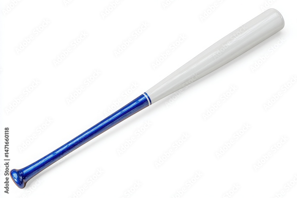 A baseball bat lies on a flat surface, showcasing a smooth blue and white design. The bat is shaped traditionally, perfect for sporting activities and practice sessions.