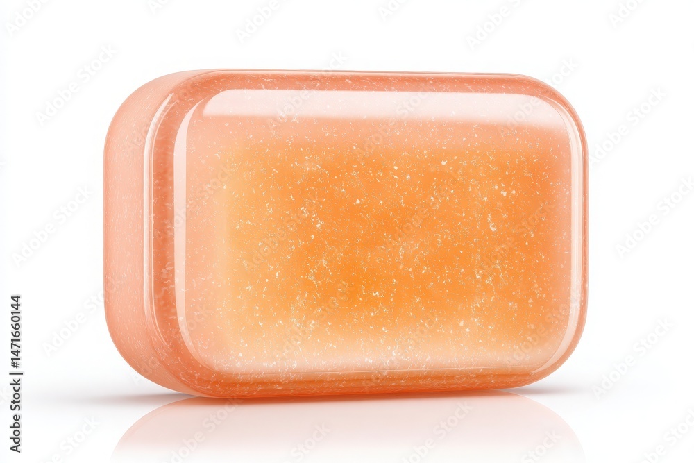 A smooth, rectangular soap bar in a soft orange hue sits against a white background. It features a granular texture, suggesting exfoliation benefits for skin care routines.
