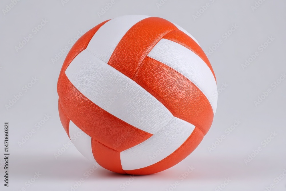 A volleyball featuring a vibrant pattern of orange and white stripes rests on a neutral gray background. The smooth texture highlights its design, suggesting readiness for play.