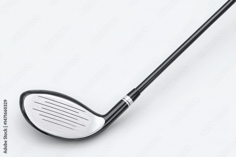 Close-up view of a golf club head, showcasing its sleek design. The shiny surface contrasts with the black color of the shaft, emphasizing the grooves for improved performance during play.