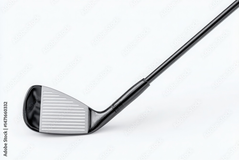Close-up view of a golf club, focusing on the clubhead with its unique grooves and face angle, suitable for improving precision in swings during a round on the golf course.
