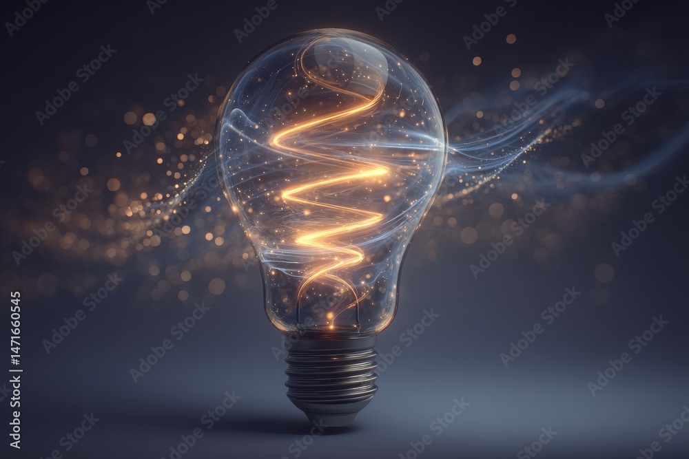 A unique light bulb showcases a swirling filament that emits a warm glow. Surrounding sparkles enhance the intriguing visual, creating a captivating atmosphere in a dim setting.