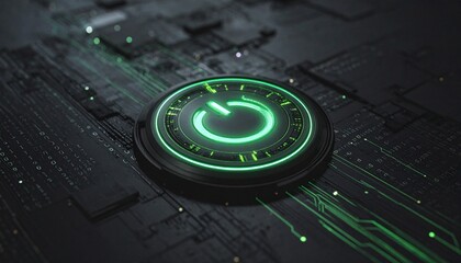Leinwandbilder - Illuminated power button on a circuit board, representing technology and energy. The button glows a vibrant green, symbolizing activation and digital innovation