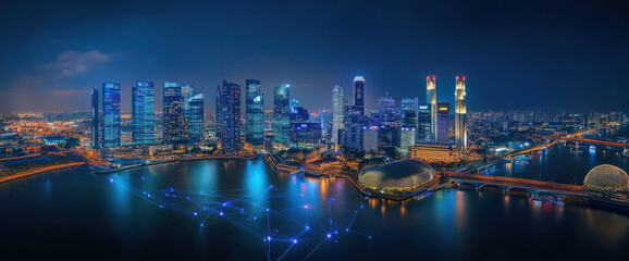 Poster - Night cityscape of Singapore's vibrant downtown core, illuminated skyscrapers reflecting in the calm waters, with a digital network overlay connecting the buildings. : Generative AI